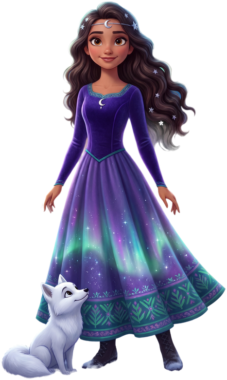 Princess Lumi in a violet gown lit like the northern lights, with Flurry her white arctic fox beside her